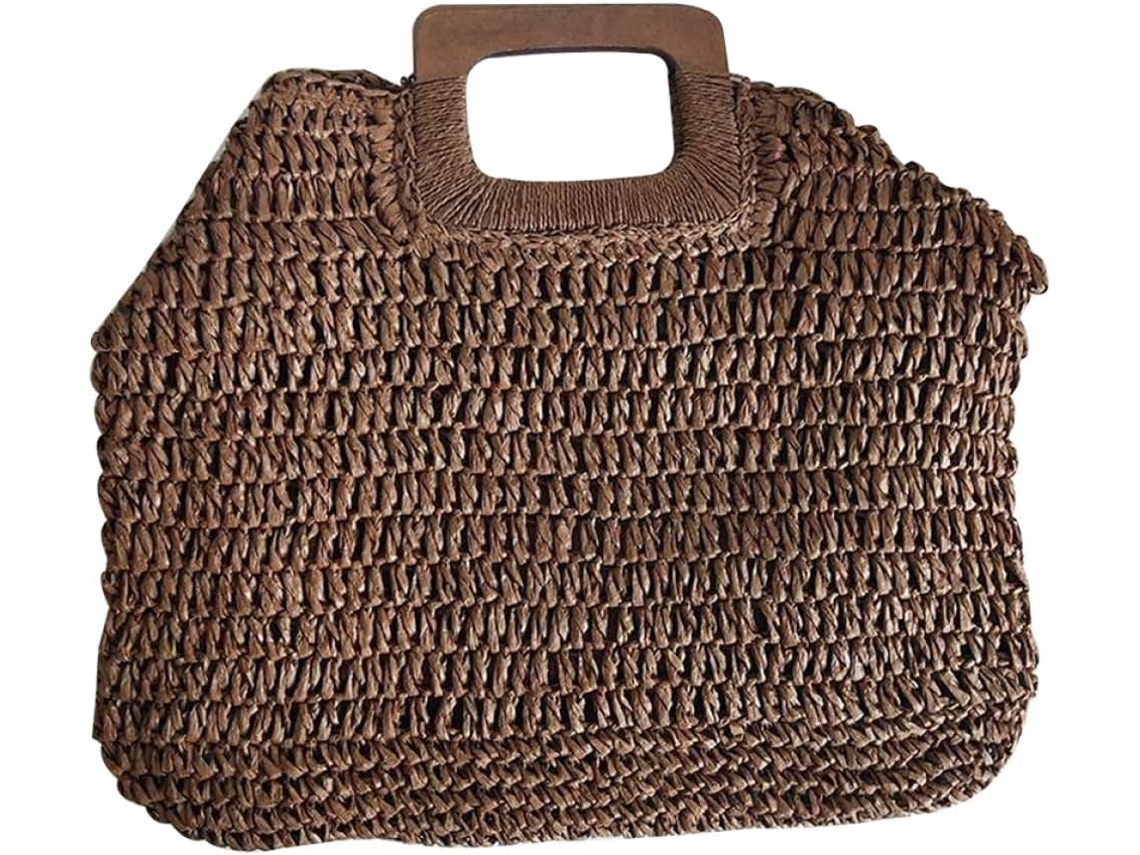 Bolsa De Praia Feminina Vintage Em Palha Trançada, Marrom Escuro, Com Alça De Ombro E Forro.