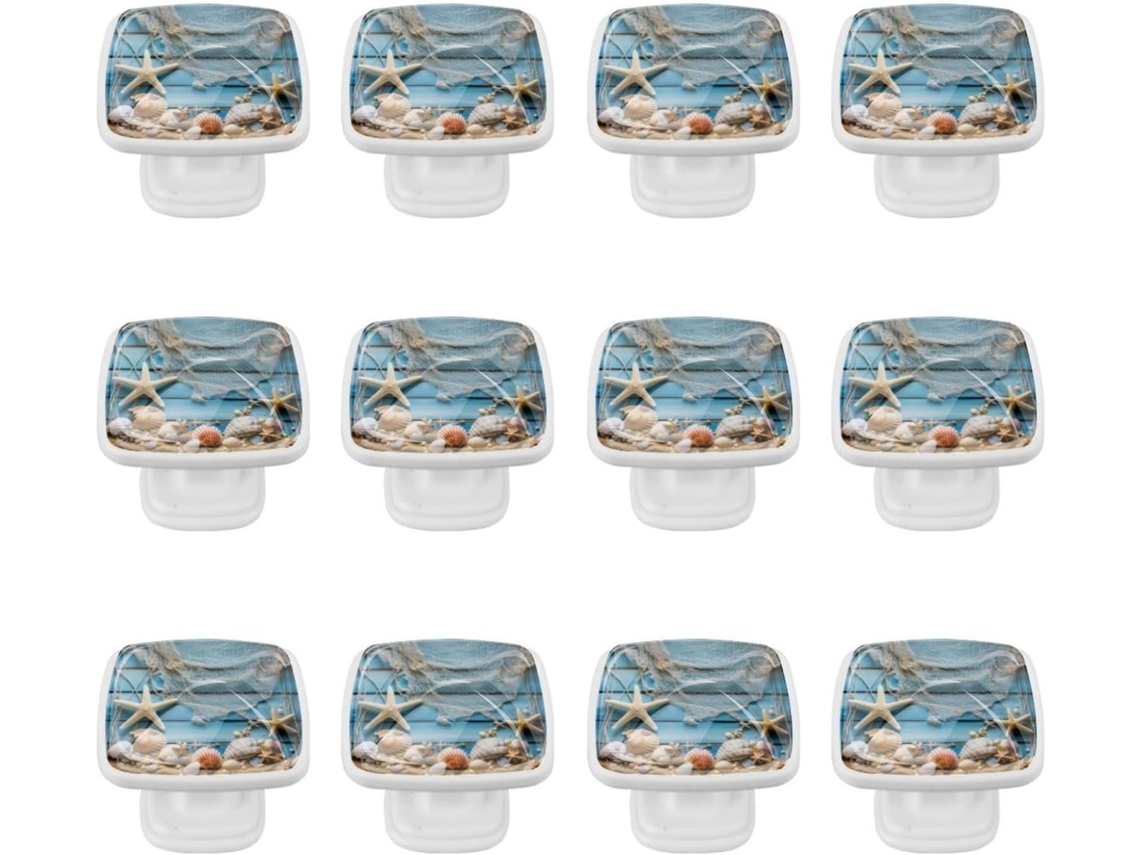 Puxadores E Maçanetas Quadradas Para Armários De Cozinha, Conjunto De 12 Peças Com Tema Conchas, Estrelas Do Mar E Areia