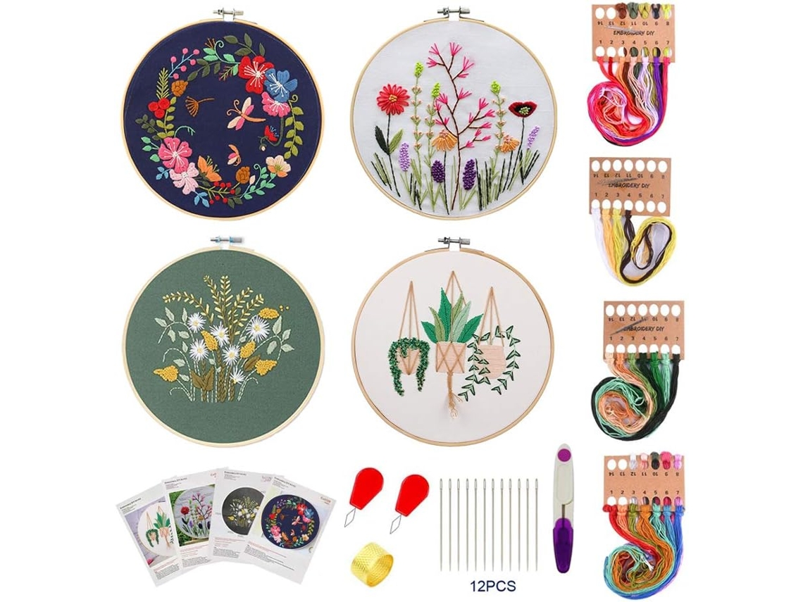 Kit De Bordado Yyt De 32 Peças Para Iniciantes Com Padrões E Instruções, Incluindo 4 Roupas Bordadas Com Padrões Florais, Pacote Com 4 Cores Aquaforge