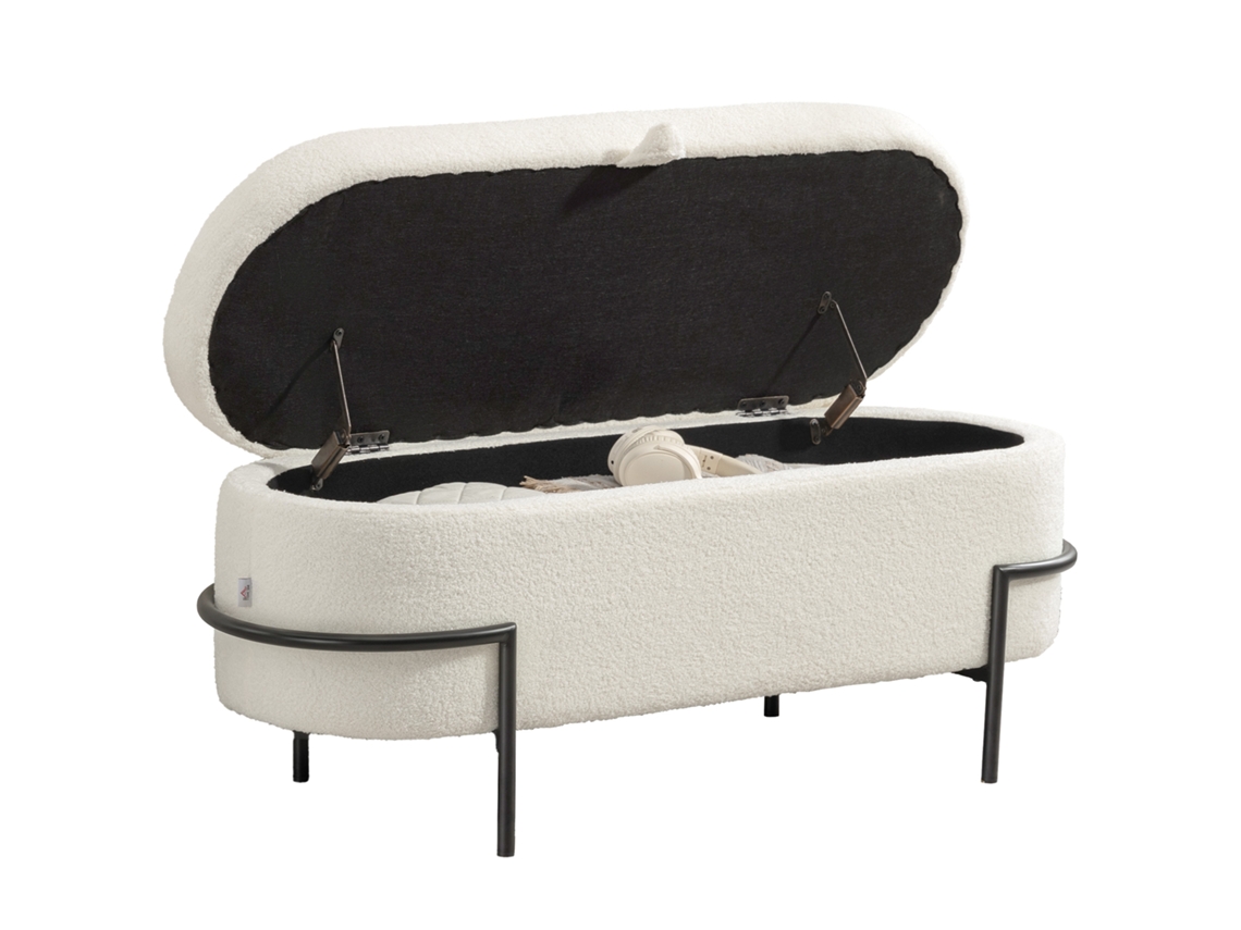 Banqueta Baú, Pufe Com Tampa E Espaço De Armazenamento, Pés De Aço, Banqueta Estofada Com Capa De Lã, Branco Creme Btforus