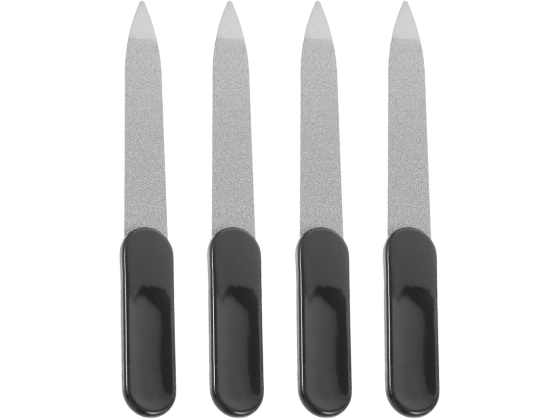 Conjunto de 4 limas de unha em aço inoxidável, versáteis para manicures.