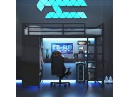 Cama mezanino gamer 140x200cm com led, escrivaninha, armário, prateleiras, 150kg, sem colchão preto KOMHTOM