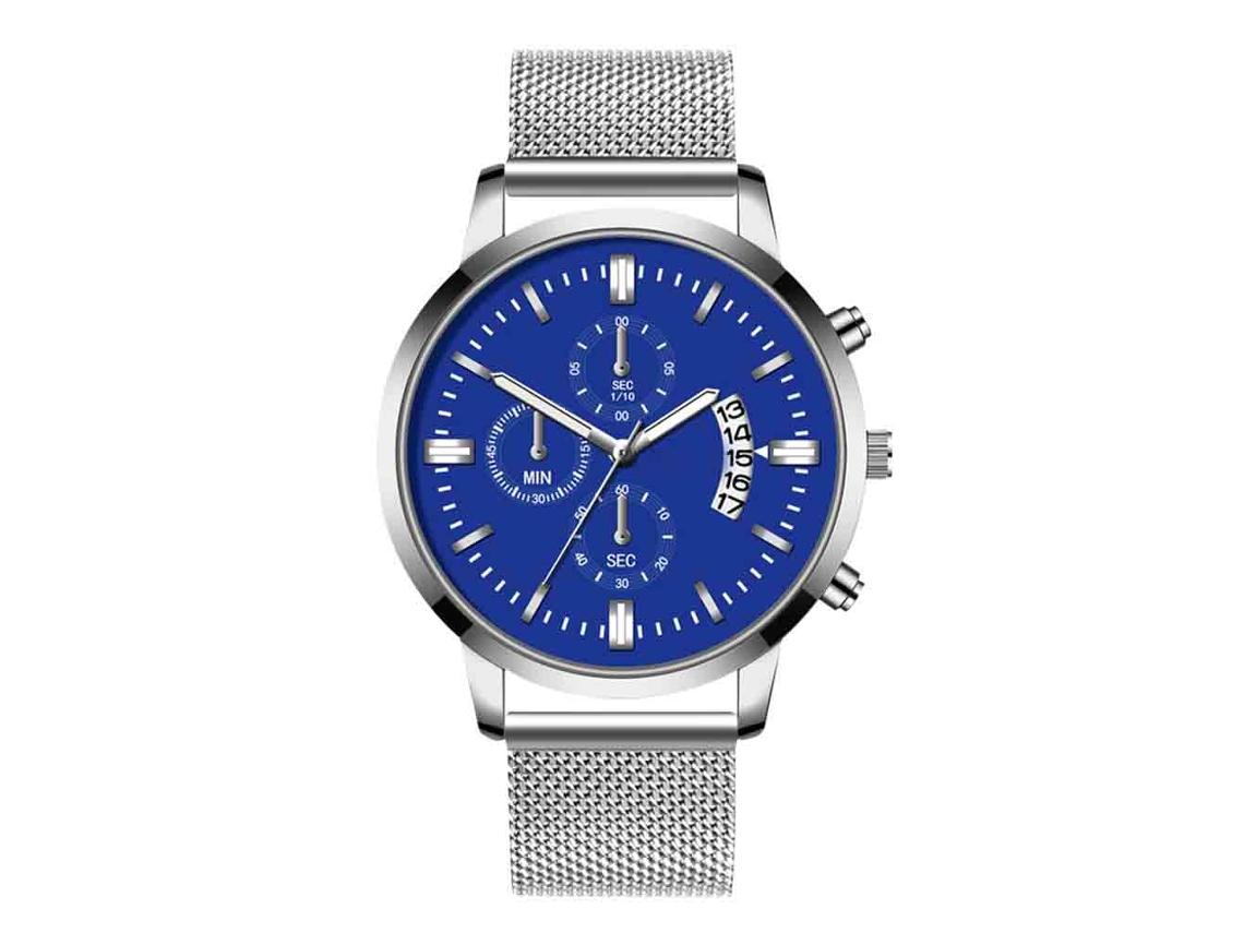 Relógio masculino de quartzo com calendário, mostrador redondo e pulseira de aço prateada e azul.