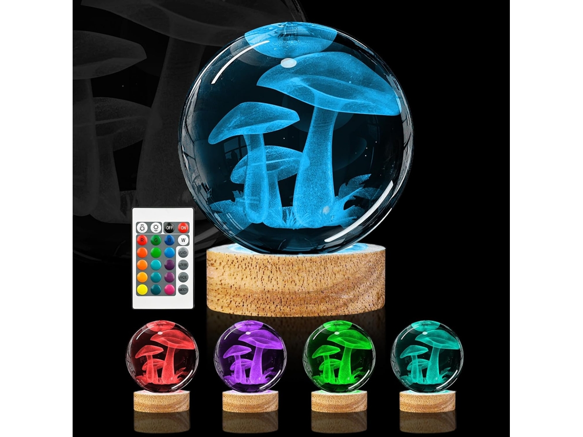 Luminária Noturna 3d Em Formato De Cogumelo, Com Esfera Cristal 8 Cm E