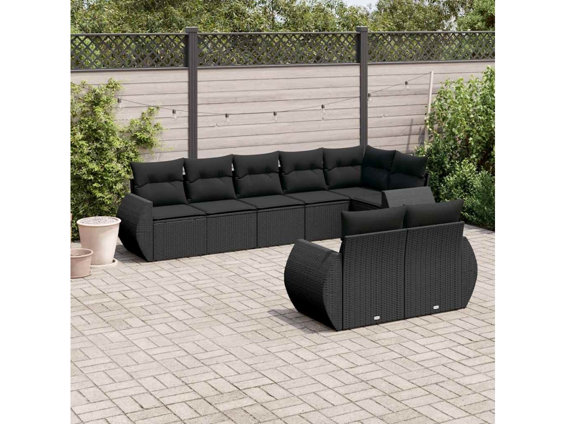Vidaxl 8 Pcs Conjunto Sofás De Jardim Com Almofadões Vime Pe Preto