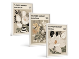 Conjunto De Pinturas Flores Retrô De Cidades Do Mundo Espelharte (3 Peças 40x60 Cm)