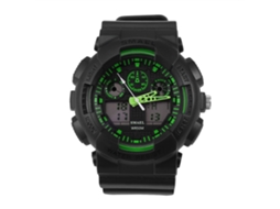 Relógio esportivo Smael, com visor duplo de LED analógico e digital, pulseira de plástico, preto e verde.