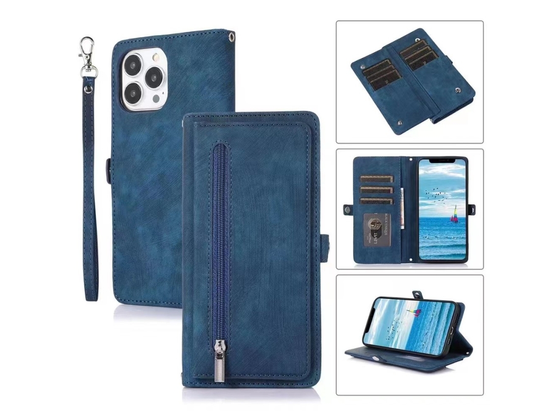Capa Pega Para Iphone 15 Pro Pele Sintética Com Porta-cartões Azul