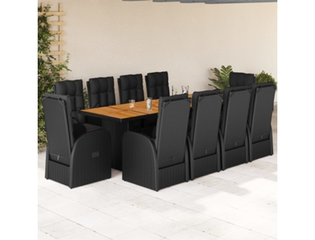 11 Pcs Conjunto de Jantar P/ Jardim com Almofadas Vime Pe Preto COMFORTXL