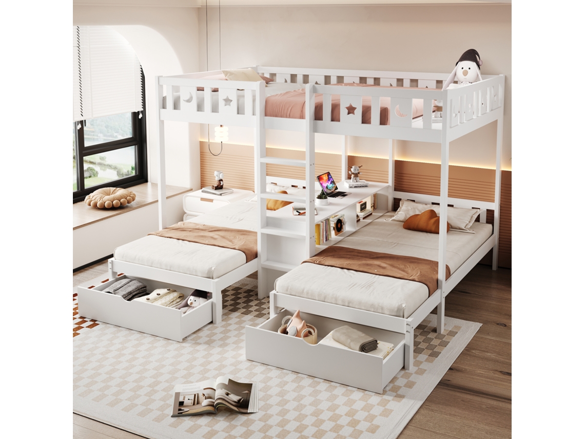 Cama Alta Com Escada, Armazenamento, Gavetas E Design Estrela Lua Branca