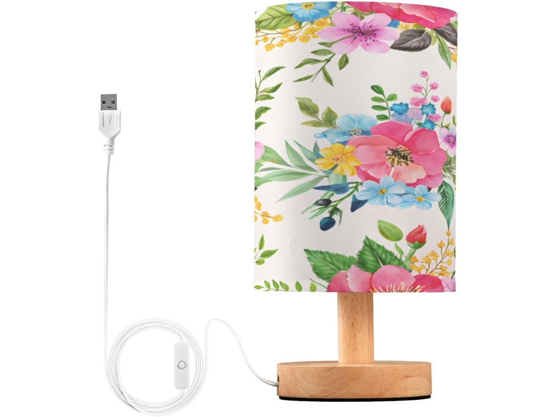 Abajur De Cabeceira Com Estampa Floral Em Aquarela, Luminária De Cabeceira Led, Luminária De Leitura Com Portas Usb E