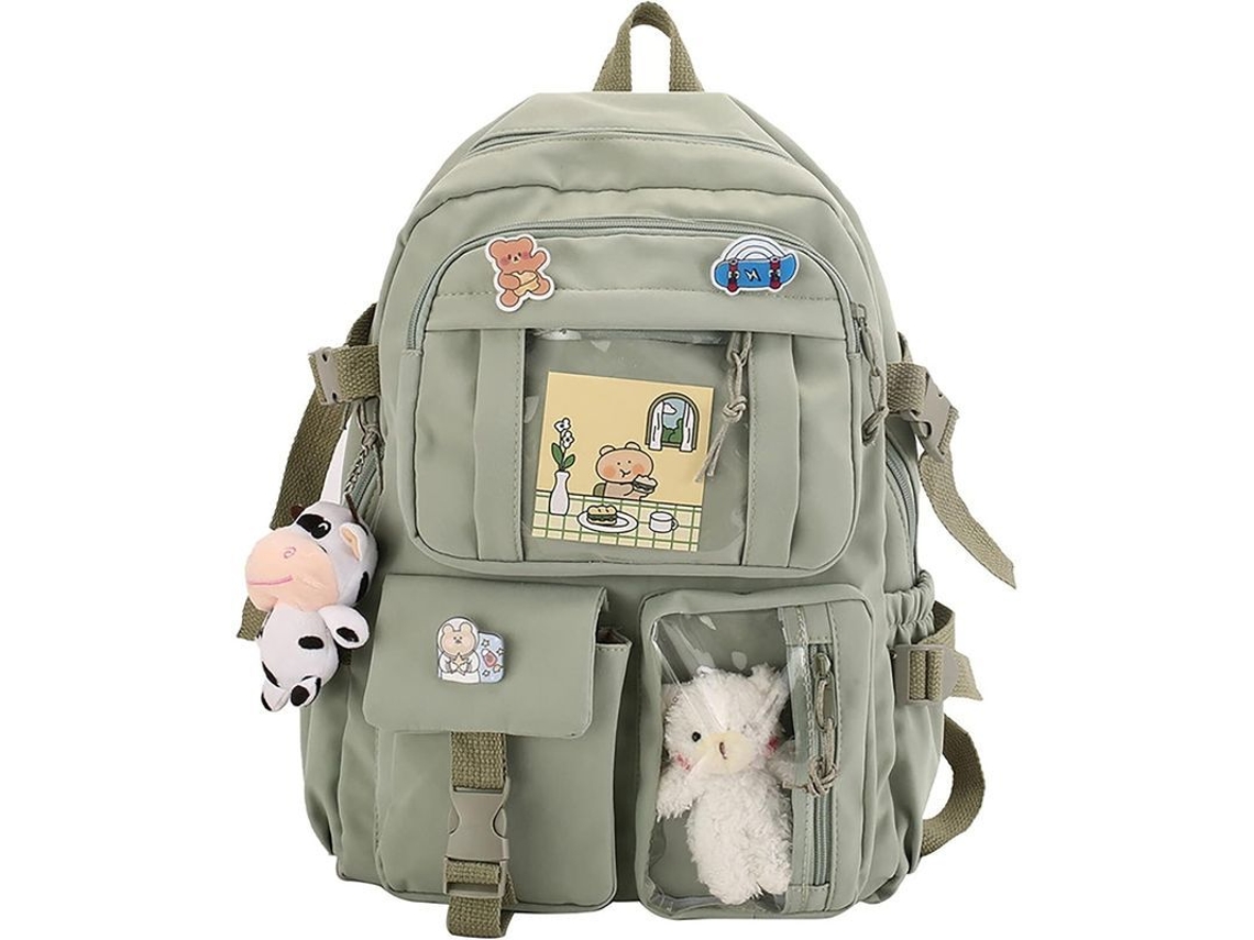 2026 mochila Escolar Japonesa Kawaii com Pingente, Resistente À Água, para Adolescentes, Notebook de 15,6", Náilon, Verde