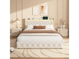 Cama De Casal 140x190cm Sommier Com Arrumação E Gavetas, Cama Estofada Veludo Bege Com Cabeceira Led Rgb E Portas Usb/type-c, Cama De Adulto Moderna