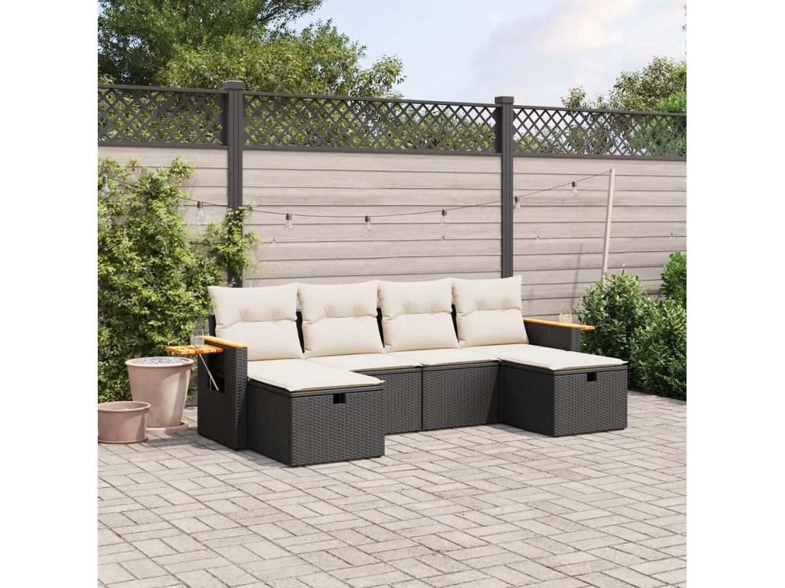 Vidaxl 6 Pcs Conjunto Sofás De Jardim C/ Almofadões Vime Pe Preto