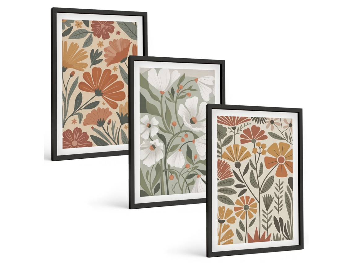 Composição De Quadros Padrões Florais Laranja E Verde Moldura Preta Fotos Para O Escritório Espelharte (3 Piezas De 40x60 Cm)