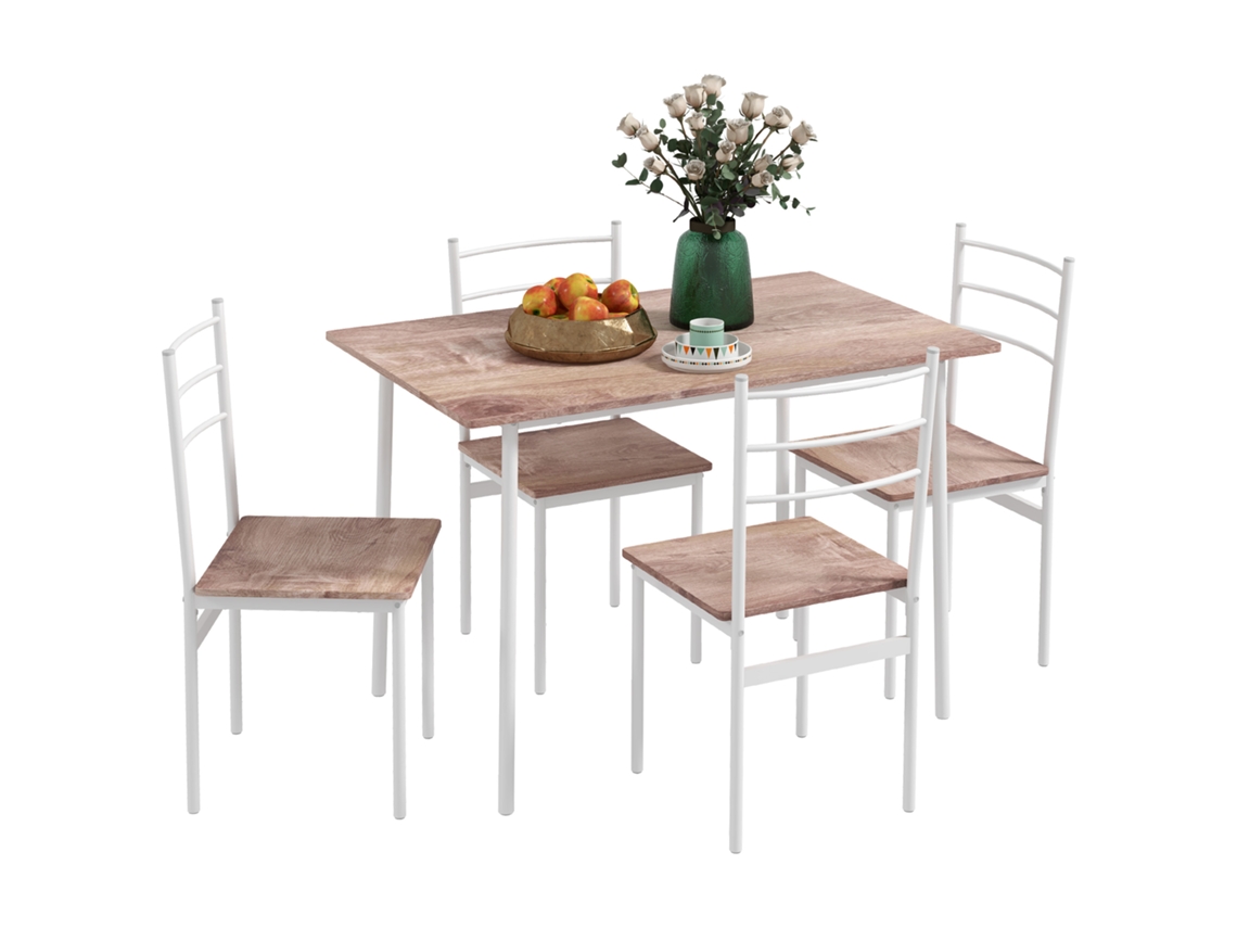 Conjunto 5pçs, Mesa + 4 Cadeiras Pés Aço 110x70x75cm, Madeira Natural+branco.