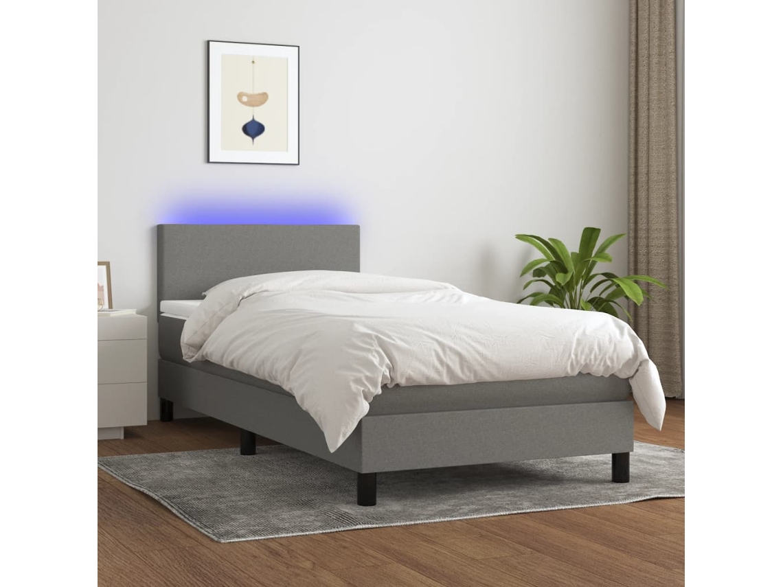 Vidaxl Cama Box Spring C/ Colchão E Led 90x190 Cm Tecido Cinza-escuro