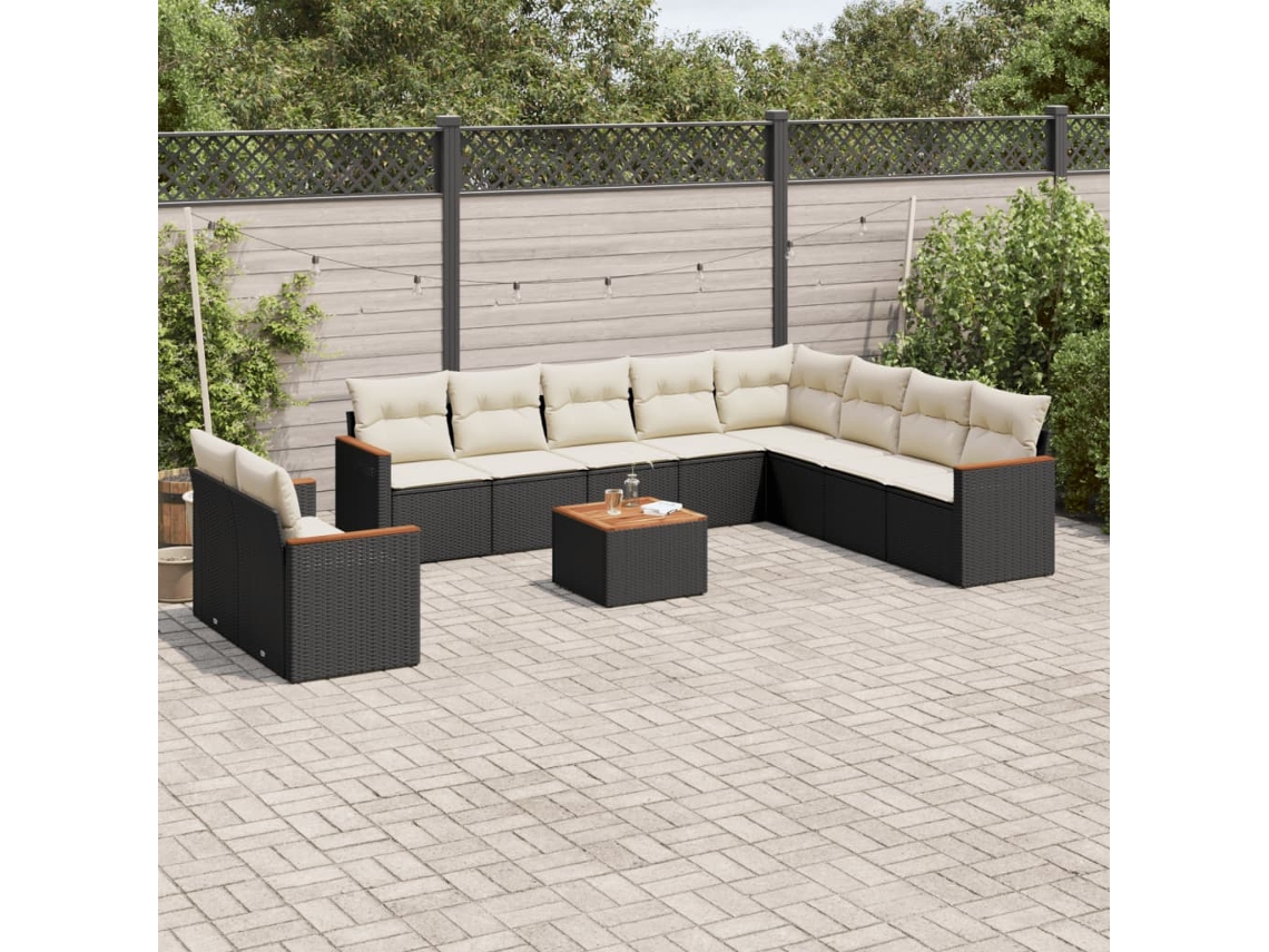 Vidaxl 11 Pcs Conjunto Sofás De Jardim C/ Almofadões Vime Pe Preto