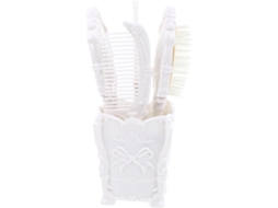Conjunto de 5 escovas de cabelo de plástico branco com espelho.