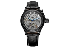 Relógio masculino automático mecânico elegante com pulseira de couro PU (prateado e preto)