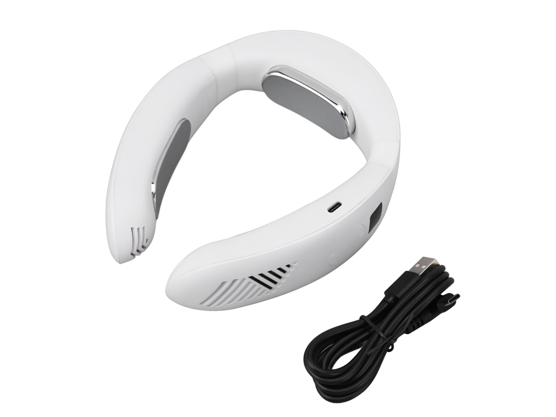 Ventilador de pescoço portátil de silicone macio com 3 velocidades, USB e tecnologia semicondutora.