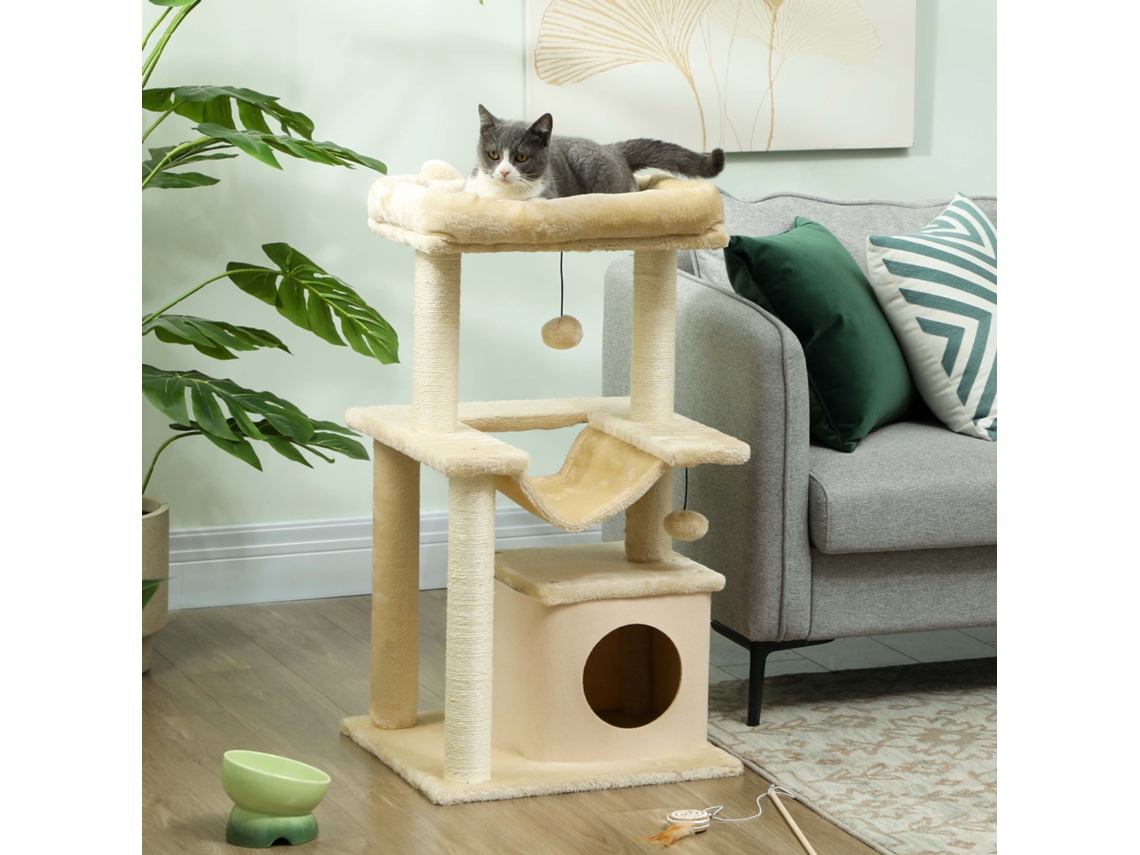 Cat Tree, Scratching Post With Toys, Perch, Hammock, 48 X 48 X 90 Cm, Cream