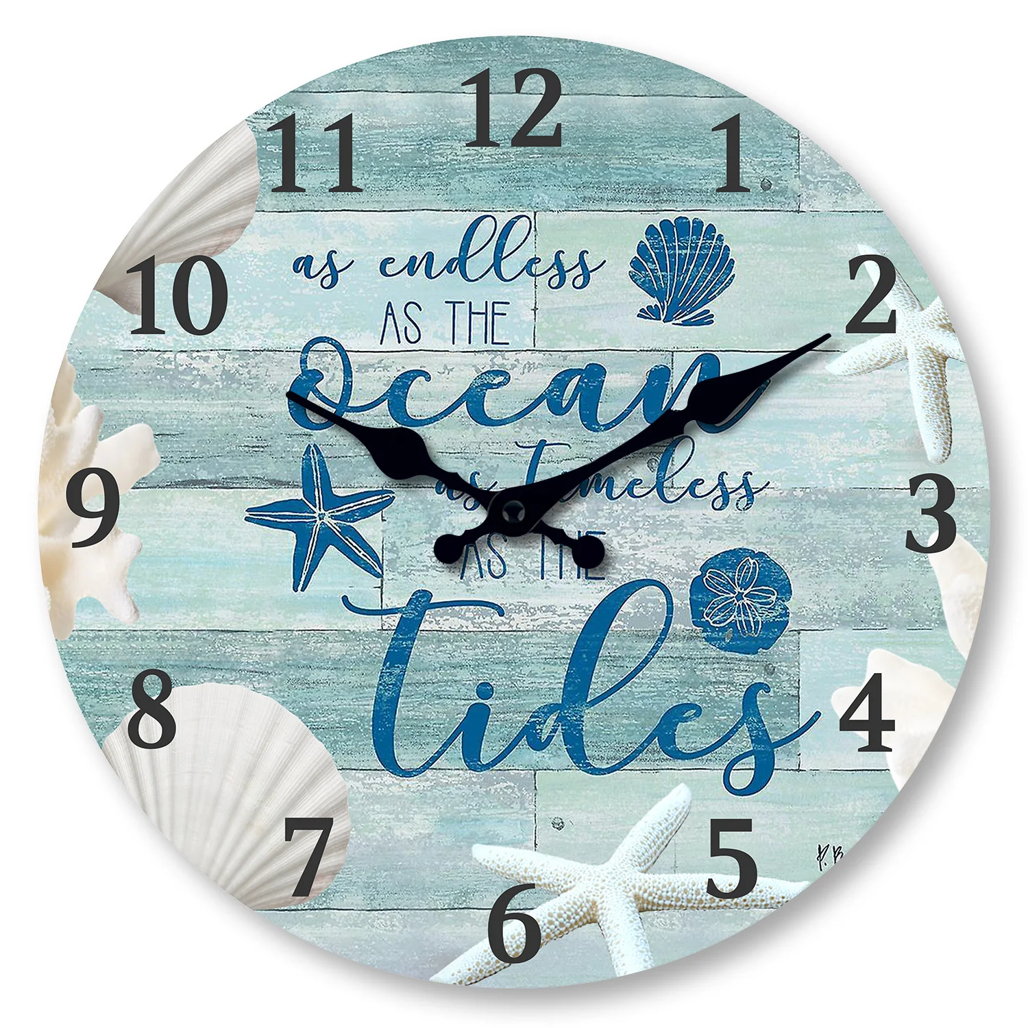 Relógio de parede personalizado em madeira com estampa de conchas de praia (25 cm), silencioso e com mecanismo de quartzo.