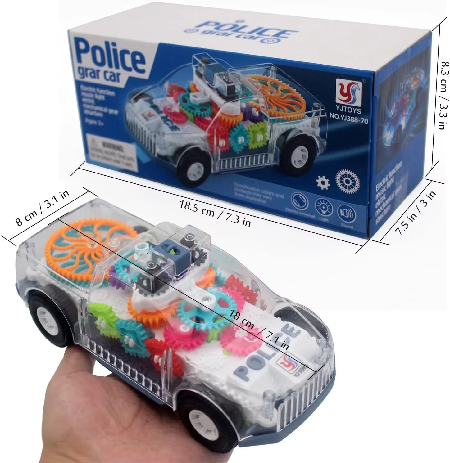 Carro de Polícia de Brinquedo Transparente com Luzes, Carrinho de Brinquedo Infantil para Colisão Frontal. MDUG