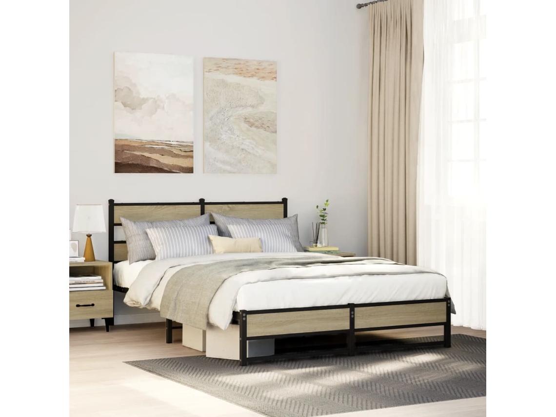 Vidaxl Estrutura De Cama Sem Colchão 140x190 Cm Metal Carvalho Sonoma