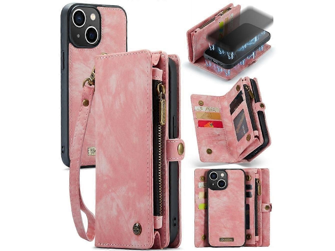 Capa Para Iphone 14 Plus Com Porta-cartões Removível, Capa Tipo Carteira, Três Dobras, Com Zíper De Couro Tpu Feito À Mão, Magnético Forte