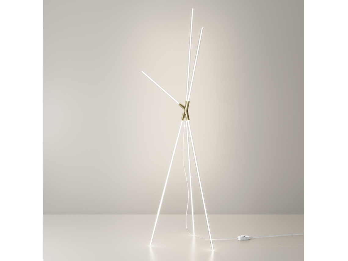 Candeeiro De Pé Tripé De Design Brilhante Com Difusores Cilíndricos Em Policarbonato E Estrutura Em Alumínio Com Acabamento Dourado, Tecnologia Led.