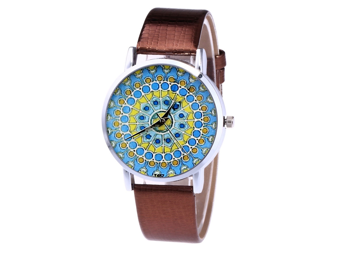 Relógio de quartzo masculino e feminino com pulseira casual de couro PU marrom.