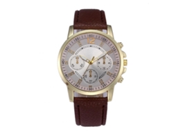 Relógio masculino de quartzo com pulseira de couro PU, moldura dourada, design de três mostradores, marrom moderno.