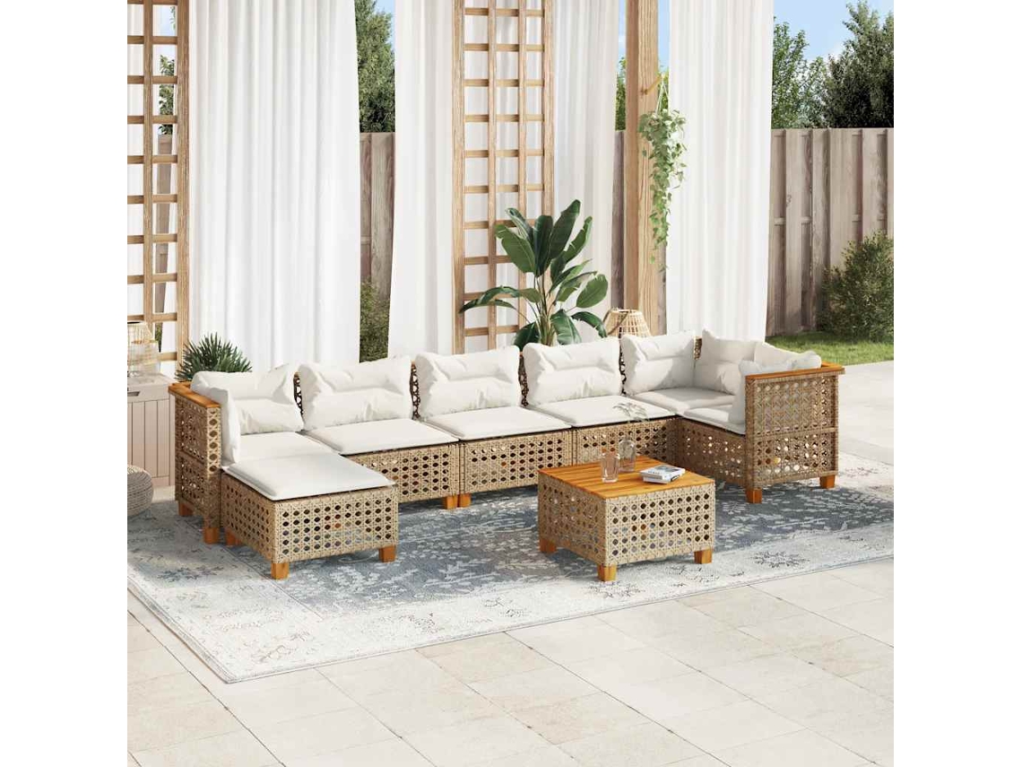 Vidaxl 8 Pcs Conjunto De Sofás P/ Jardim Com Almofadões Vime Pe Bege