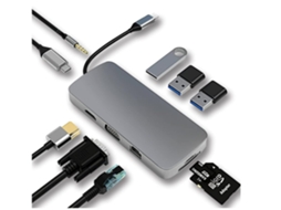 Adaptador Usb C 10 Em 1 Bx Com Hdmi 4k Vga Rj45 Ethernet Leitor De Cartão Sd/tf Entrada Aux De 3 5 Mm Cinza*