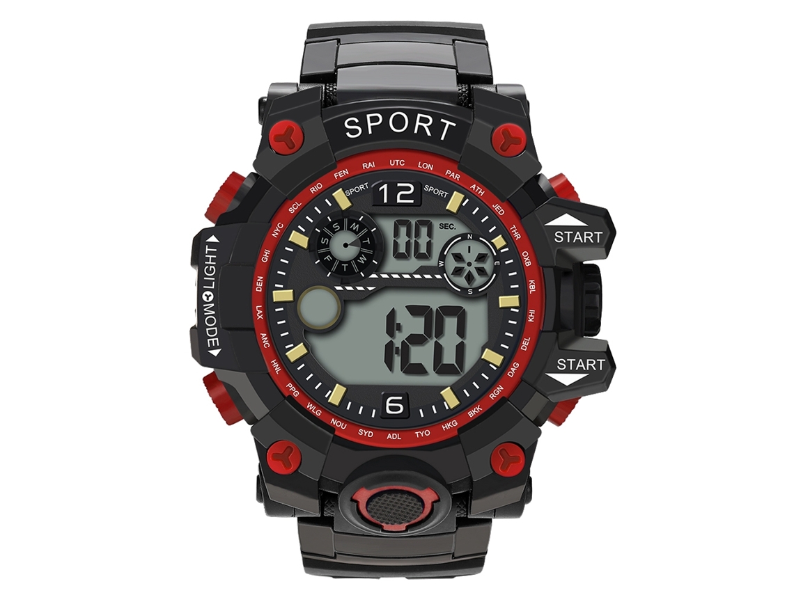 Relógio eletrônico esportivo masculino com LED e mostrador redondo (vermelho)