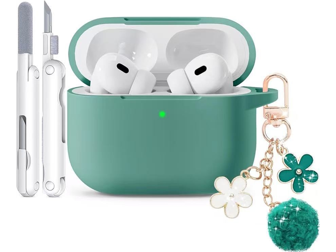 Capa de Silicone para Airpods Pro 4 com Chaveiro Brilhante e Kit de Limpeza Verde Escuro PANOONA