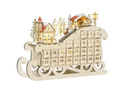 Calendário do Advento de Madeira em Formato de Trenó com 24 Gavetas para Preencher, Decorações e Luzes Led, 45x10x31cm Ge