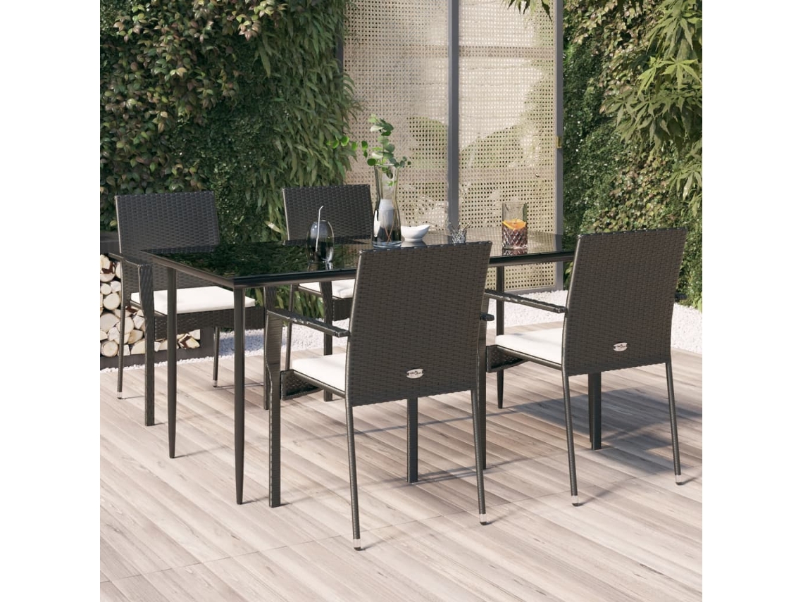 Conjunto 5 Peças Jantar P/ Jardim C/ Almofadões Vime Pe Preto Dkd Home Decor