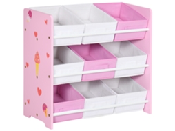 Armário de brinquedos infantil com 9 cestos removíveis, estrutura em MDF resistente, dimensões 63x30x60 cm, design rosa e branco