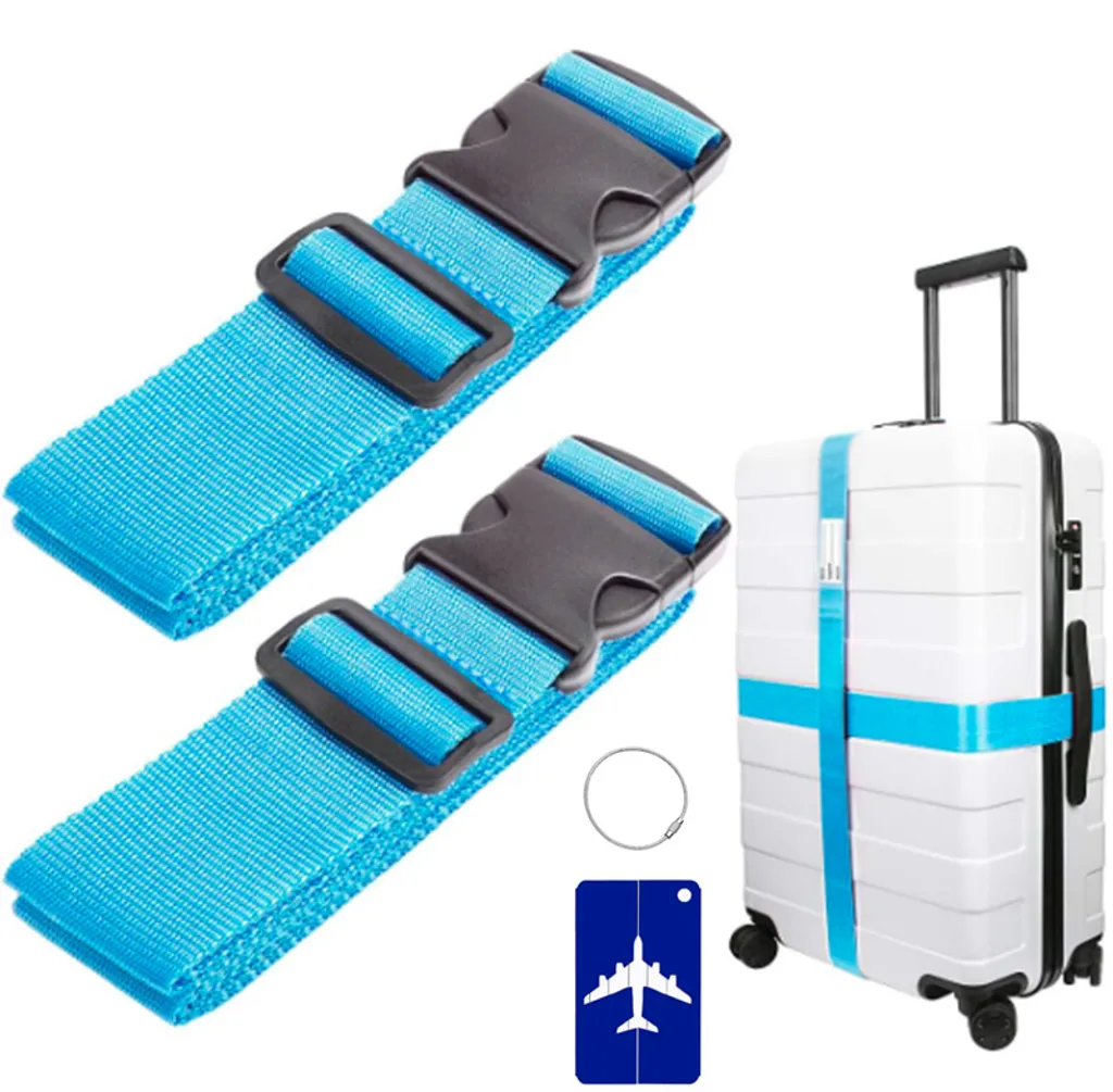 Conjunto De 2 Cintas Para Mala Com Etiqueta Metal, Na Cor Azul, Ajustáveis