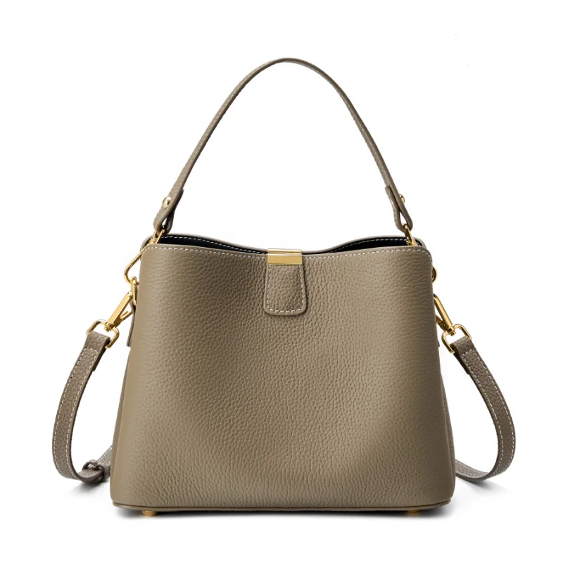 (3030-cáqui) Bolsa Feminina Tipo Saco, 100% Couro Genuíno, Bolsa De Ombro Multifuncional De Luxo Com Design Exclusivo.