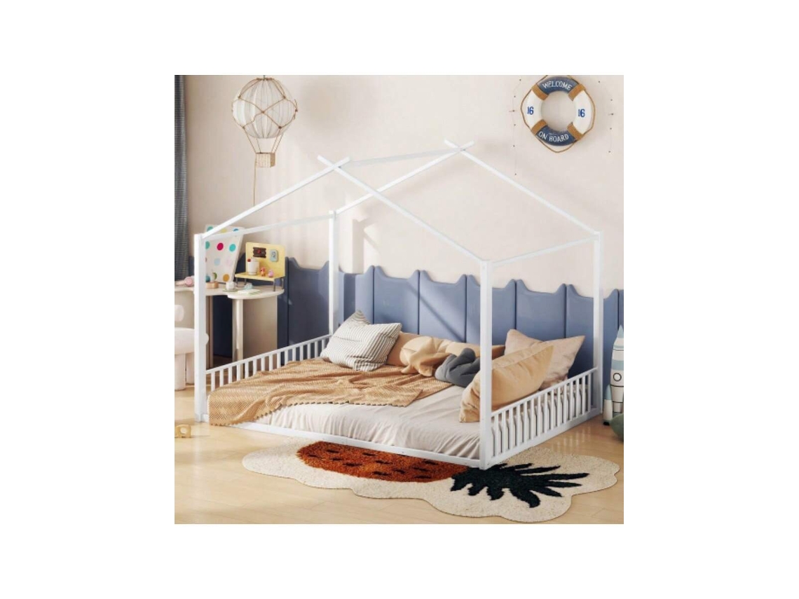 Cama Infantil 140x200cm Branca Com Estrutura Metálica, Proteção Lateral Estilo Casinha, Ideal Para Crianças.