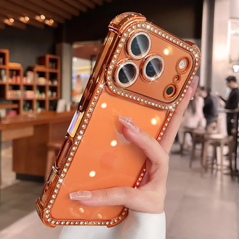 Capa Protetora Para Câmera (iphone 15 Pro Laranja) Com Proteção Contra Quedas Por Airbag, Transparente.