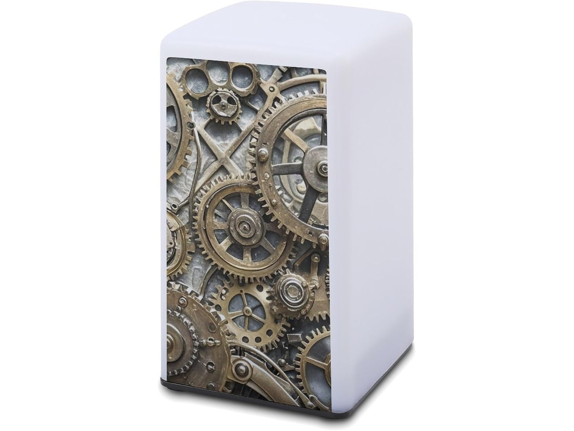 Luminária noturna quadrada portátil minimalista com engrenagens steampunk, ideal para mesa de cabeceira.
