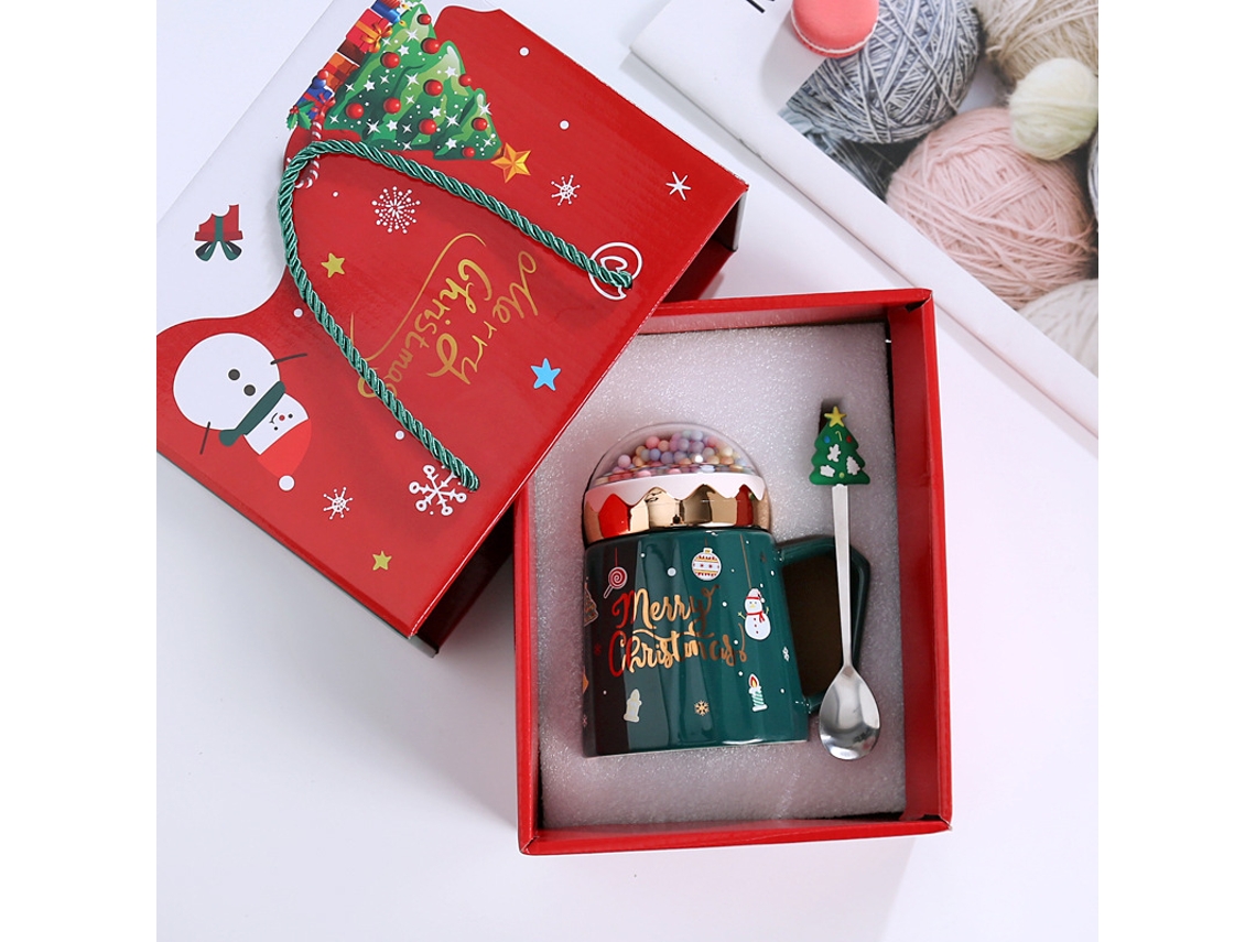 Caneca De Natal (verde) Com Tampa E Colher, Estampa De Papai Noel, Estilo Europeu, Xícara De Cerâmica Criativa.
