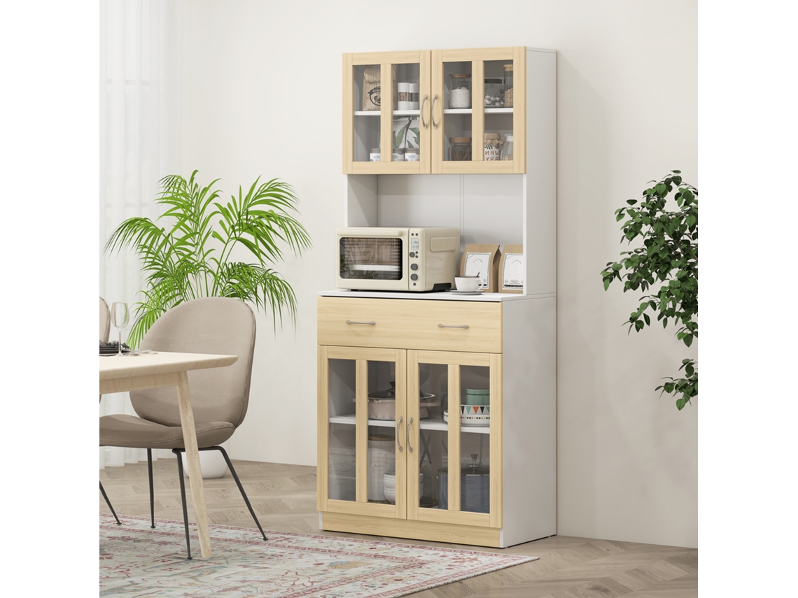 Despensa Suporte Micro ondas 80x40x180 Cm Branco Madeira 4 Portas Vidro Bancada Ampla Utensílios Cozinha ZIWEI STORE