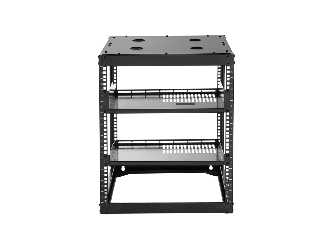 Rack de Rede Aberto 12u, 585 Mm Profundidade, Servidores Parede Ou Piso, Resistente com 4 Postes, Prateleiras Ventiladas e Ferragens Montagem, para