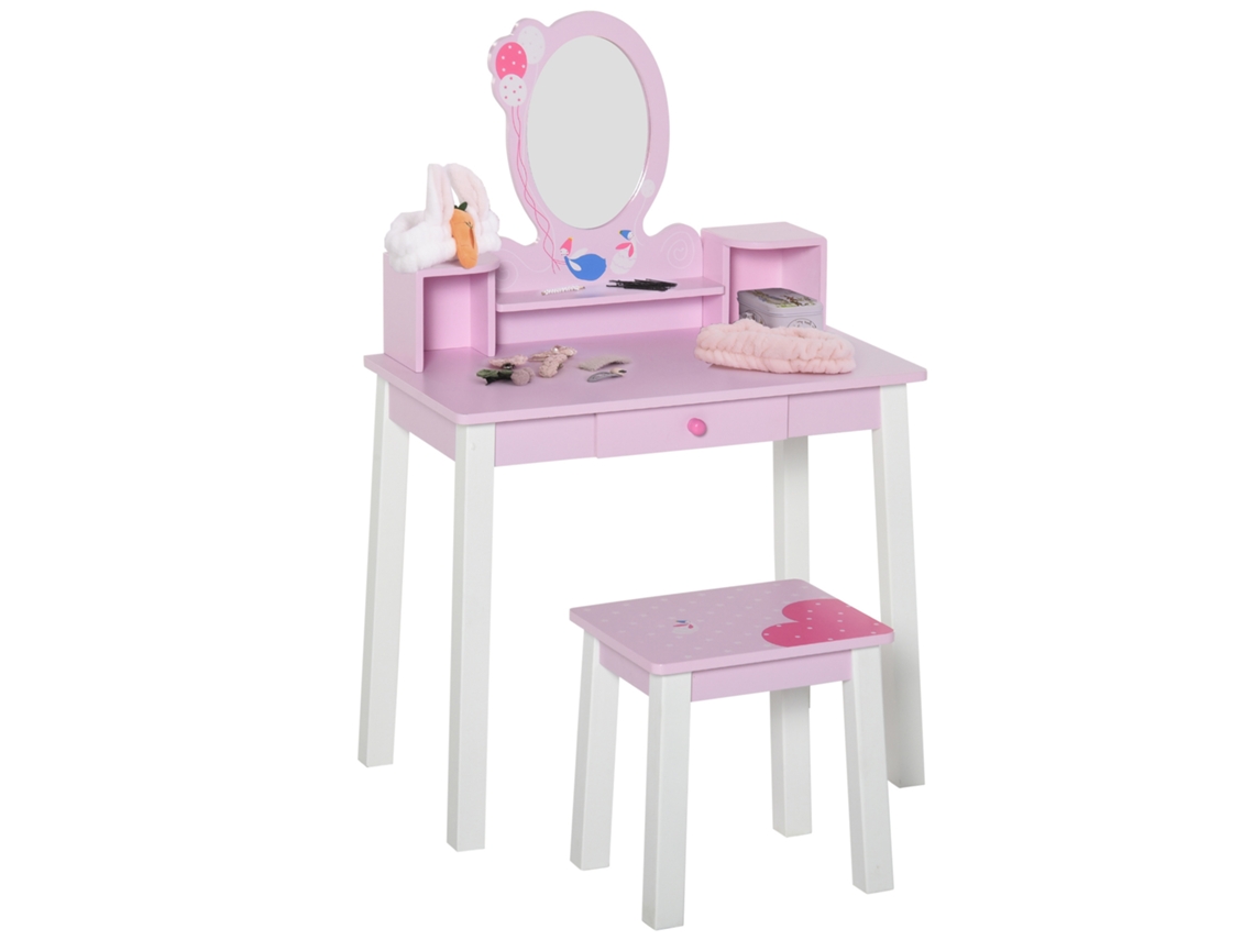 Toucador Infantil BTFORUS com banco e espelho, estilo princesa, 59x39x92cm, rosa