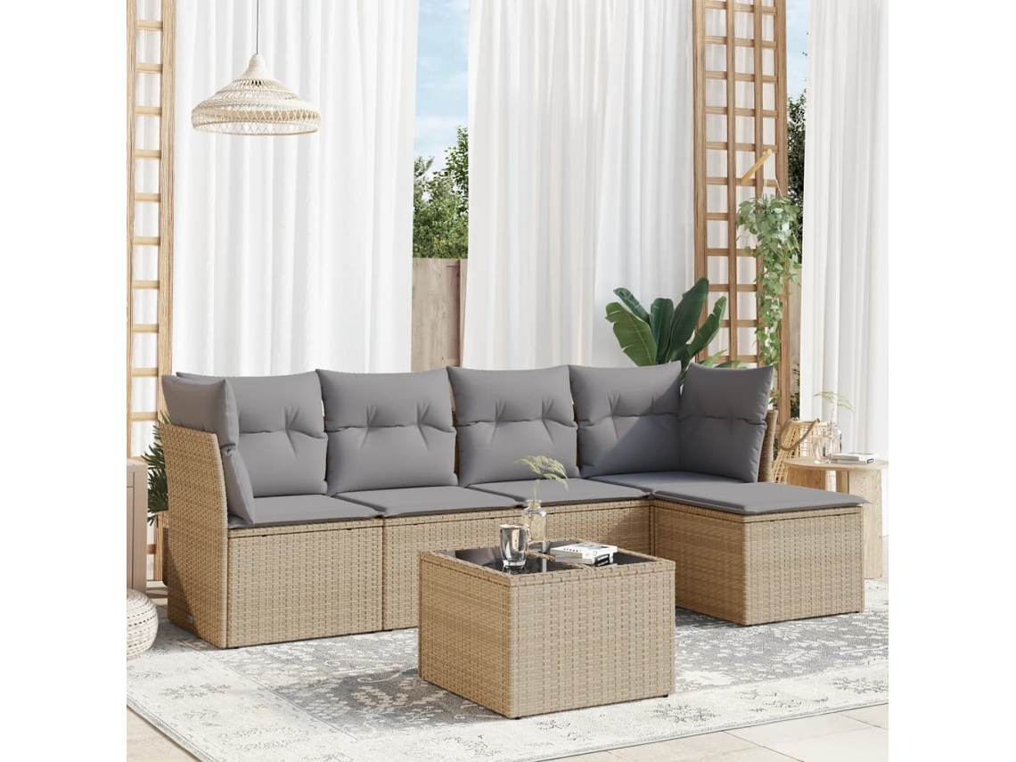 Vidaxl 6 Pcs Conjunto De Sofás P/ Jardim Com Almofadões Vime Pe Bege